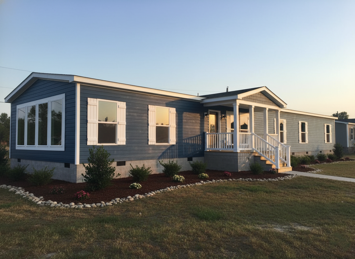 A blue, single-story manufactured home with a white porch and trim, surrounded by a small garden with shrubs and flowers, under a clear sky at sunset.