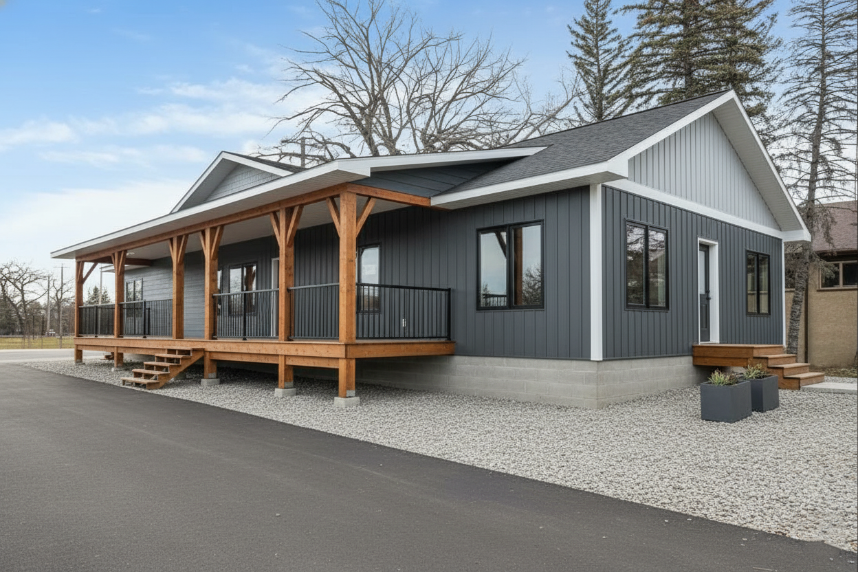 Modern blue and white house with a large wooden porch and black railings. Set on a gravel lot, surrounded by leafless trees under a clear blue sky.