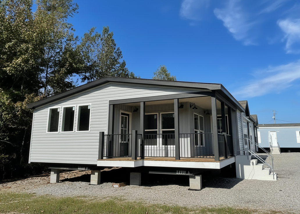 A modern mobile home with a gray exterior, featuring a small front porch and a railing. It's elevated on blocks, surrounded by trees under a clear blue sky.