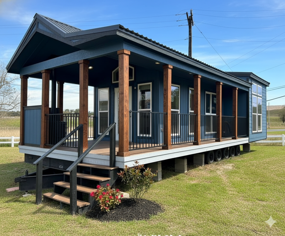 A modern tiny house with dark blue exterior walls and wooden pillars sits on a well-kept lawn. It features a front porch and large windows, under a clear sky.