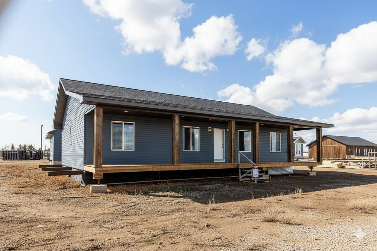 Single-story blue house with a spacious porch, wooden accents, and white windows. It's set on dirt with a partly cloudy sky, evoking a calm rural feel.