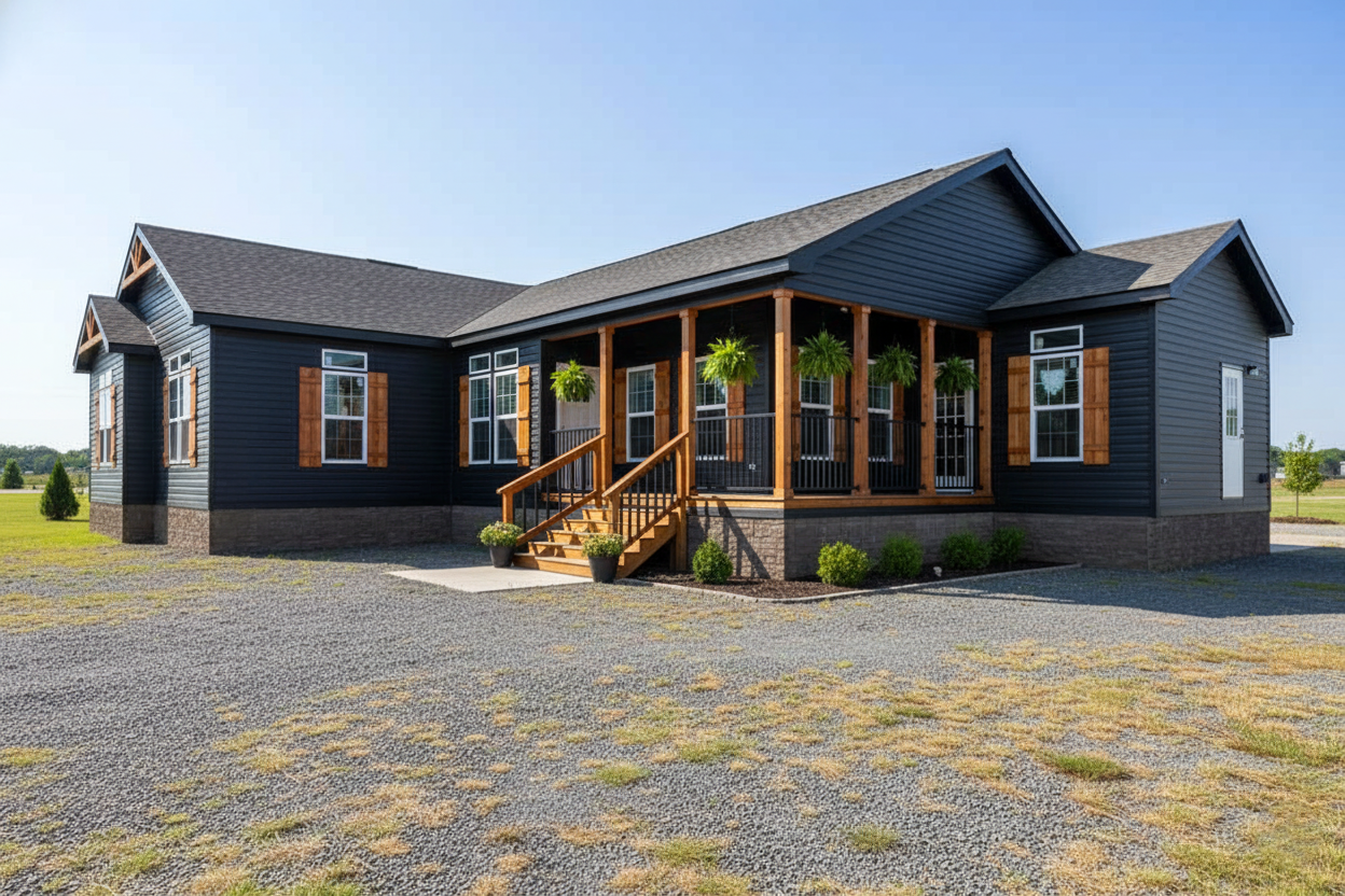 A modern black single-story house with a wooden porch, decorated with hanging plants. Surrounded by a gravel yard under a clear blue sky.