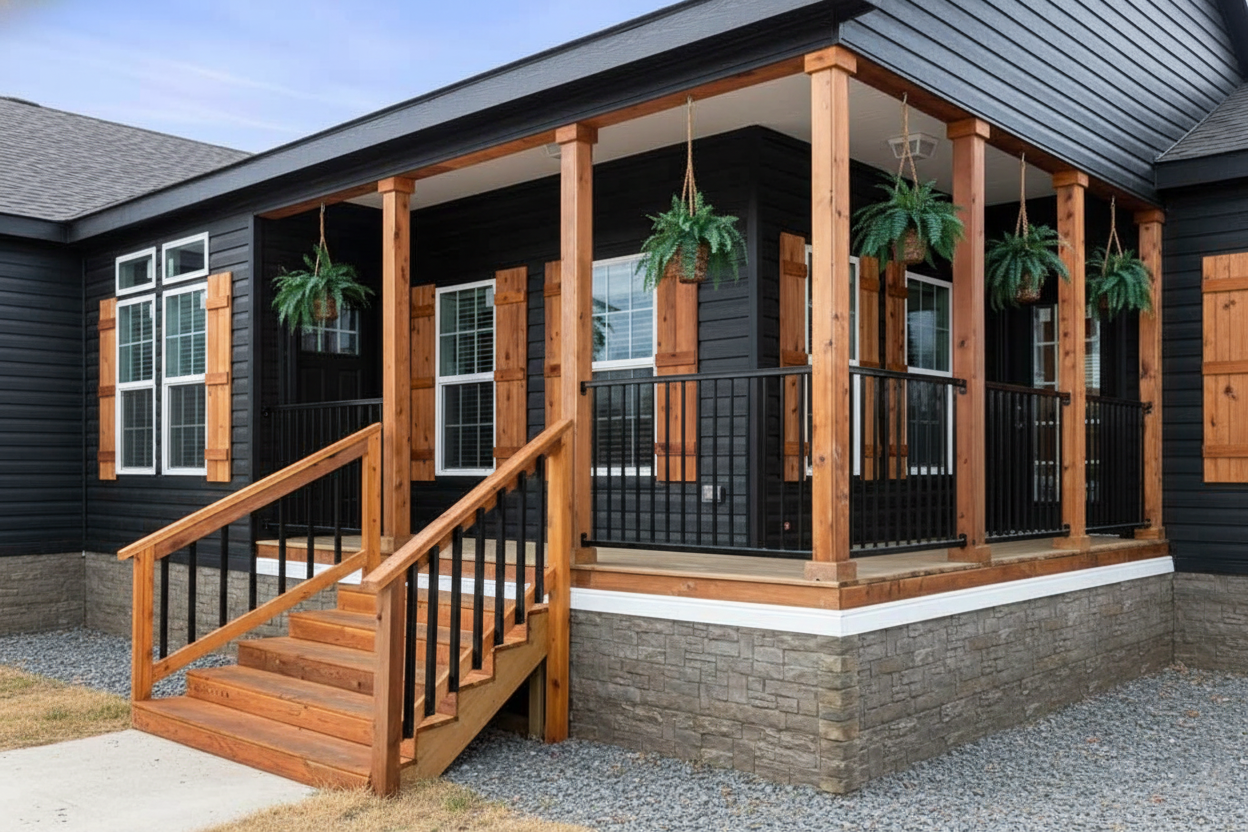 Black house with wooden shutters, porch, and stairs. Hanging green ferns add lushness. The stone foundation and gravel path convey a welcoming vibe.