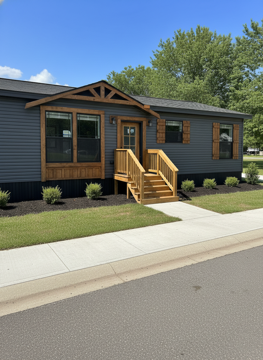 A modern manufactured home with dark siding and wooden trim sits amid greenery. A wooden porch leads to the entrance. The scene is calm and sunny.