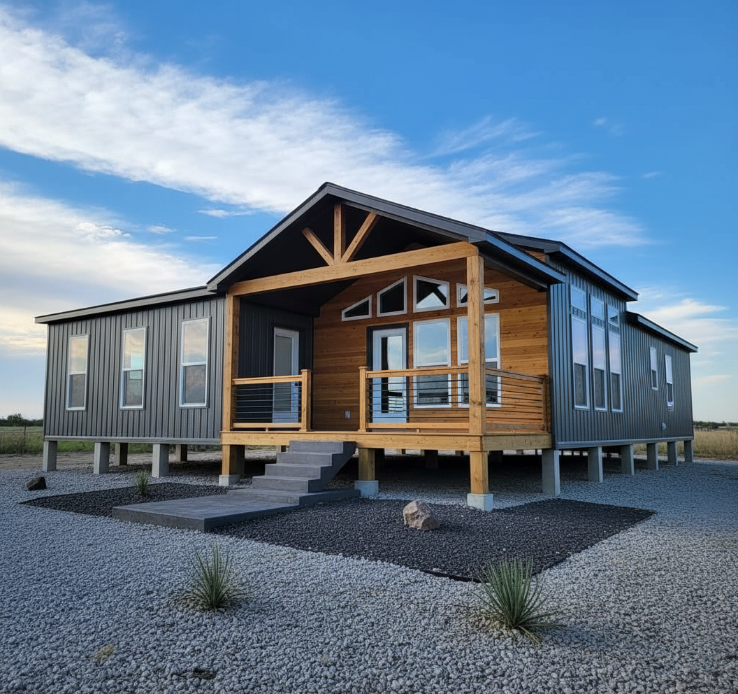 Modern modular home with a mix of wood and gray paneling, raised on stilts. The setting is a gravel landscape under a clear blue sky, evoking tranquility.