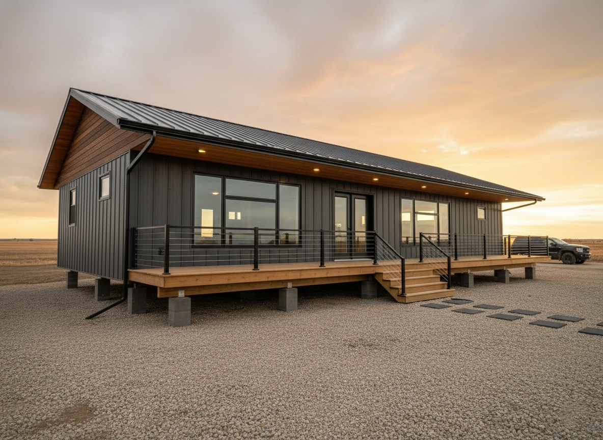 Modern minimalist house with gray siding, large windows, and a wooden deck in a rural landscape at sunset. Warm tones create a serene atmosphere.