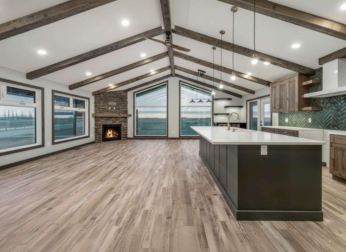 Spacious open-concept room with vaulted ceiling, wooden beams, fireplace, large windows with sunset view, and modern kitchen with island. Warm, inviting ambiance.