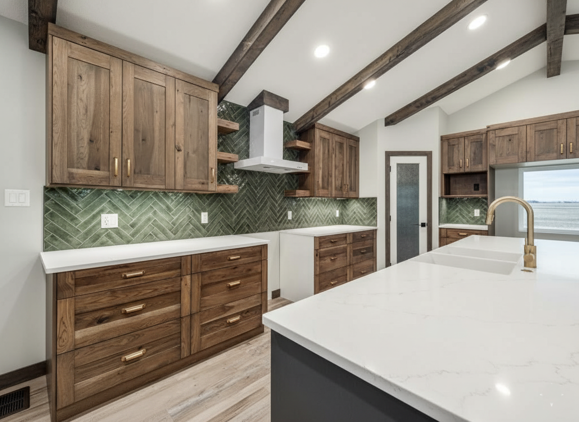 Spacious kitchen with wooden cabinets, white countertops, green herringbone backsplash, vaulted ceiling with exposed beams, and gold faucet, conveying modern elegance.
