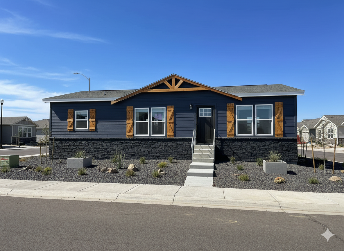 Single-story dark blue house with wooden shutters and gable accents, surrounded by a minimalist xeriscape garden. Clear blue sky above.