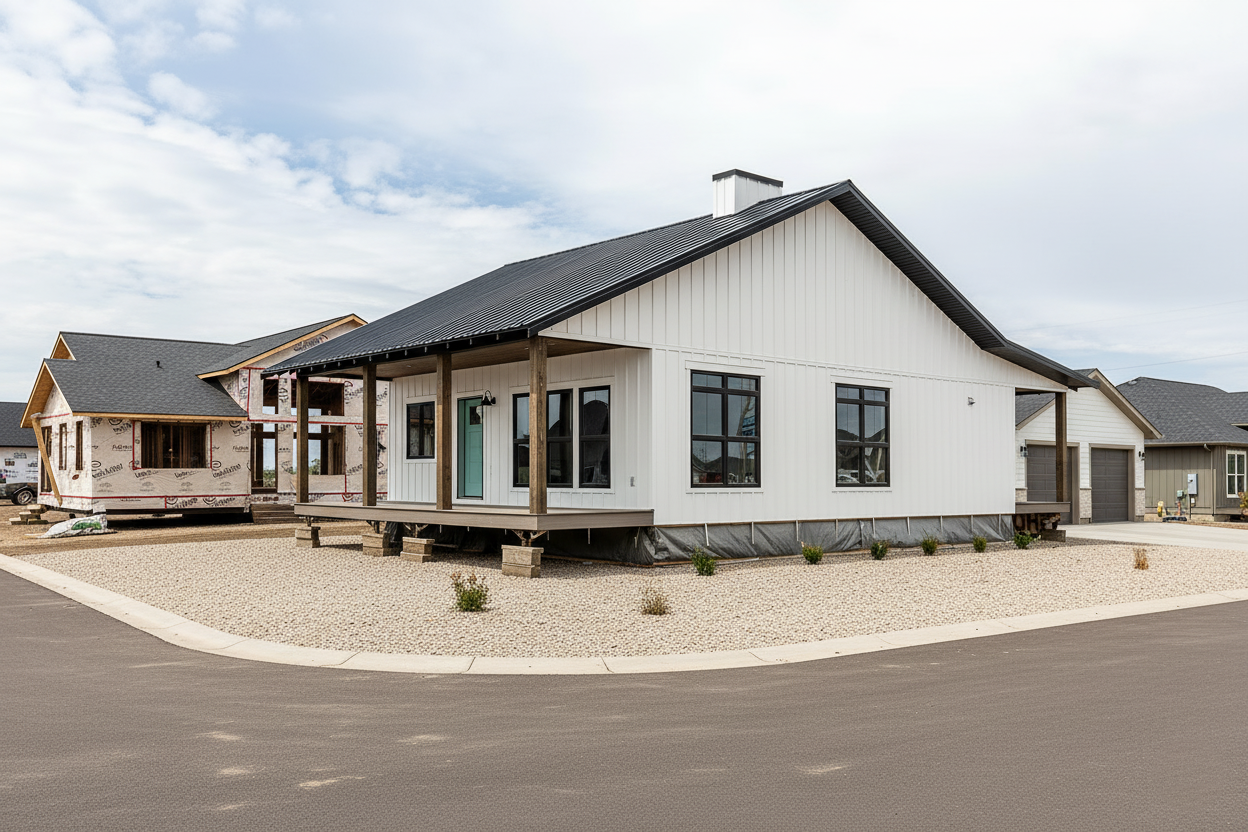 A modern, single-story white house with a black roof is pictured on a corner lot under a cloudy sky. Adjacent houses are visible in the background.