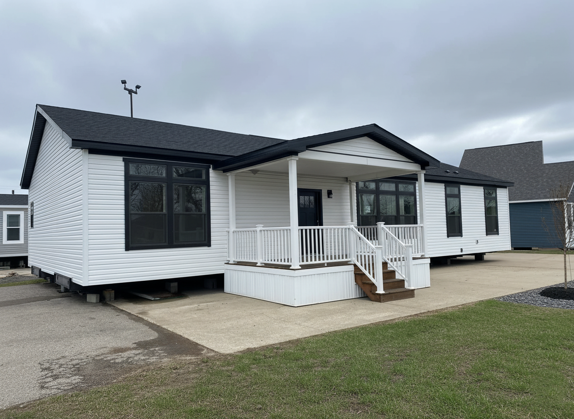 A modern white modular home with a black roof, featuring a small porch with white railings and steps. Overcast sky adds a muted tone to the scene.