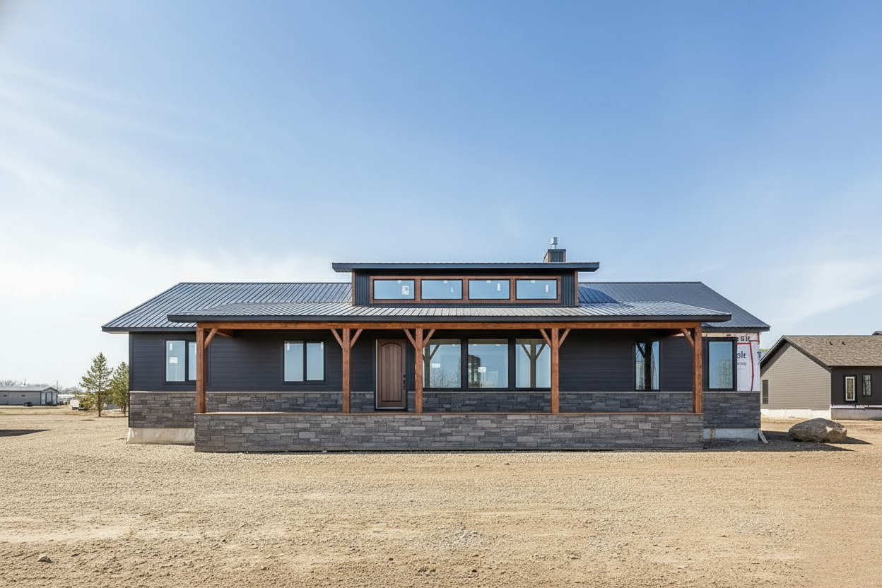 A modern, single-story house with a dark exterior, stone foundation, and large windows. It features wooden beams and a metal roof. Clear blue sky in the background.