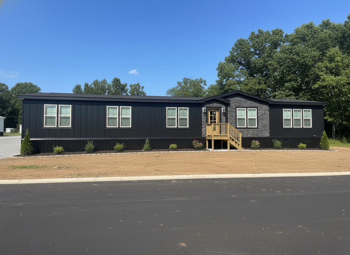 A modern black modular home with a central entrance, small wooden porch, and white-trim windows. It's surrounded by sparse landscaping and sits on a quiet street, with trees in the background under a clear blue sky.