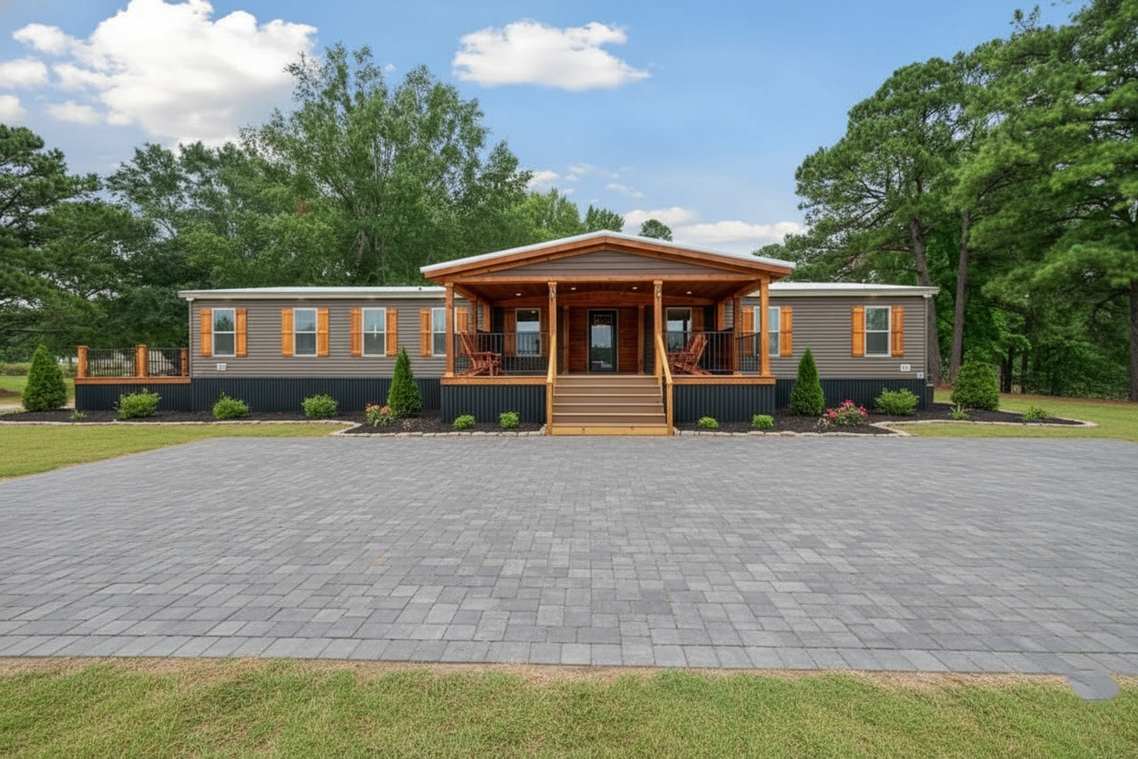 Single-story gray house with wood accents, centered in the image. A wide driveway leads to a porch with rocking chairs. Surrounded by lush trees and a manicured lawn, conveying a peaceful, welcoming atmosphere.