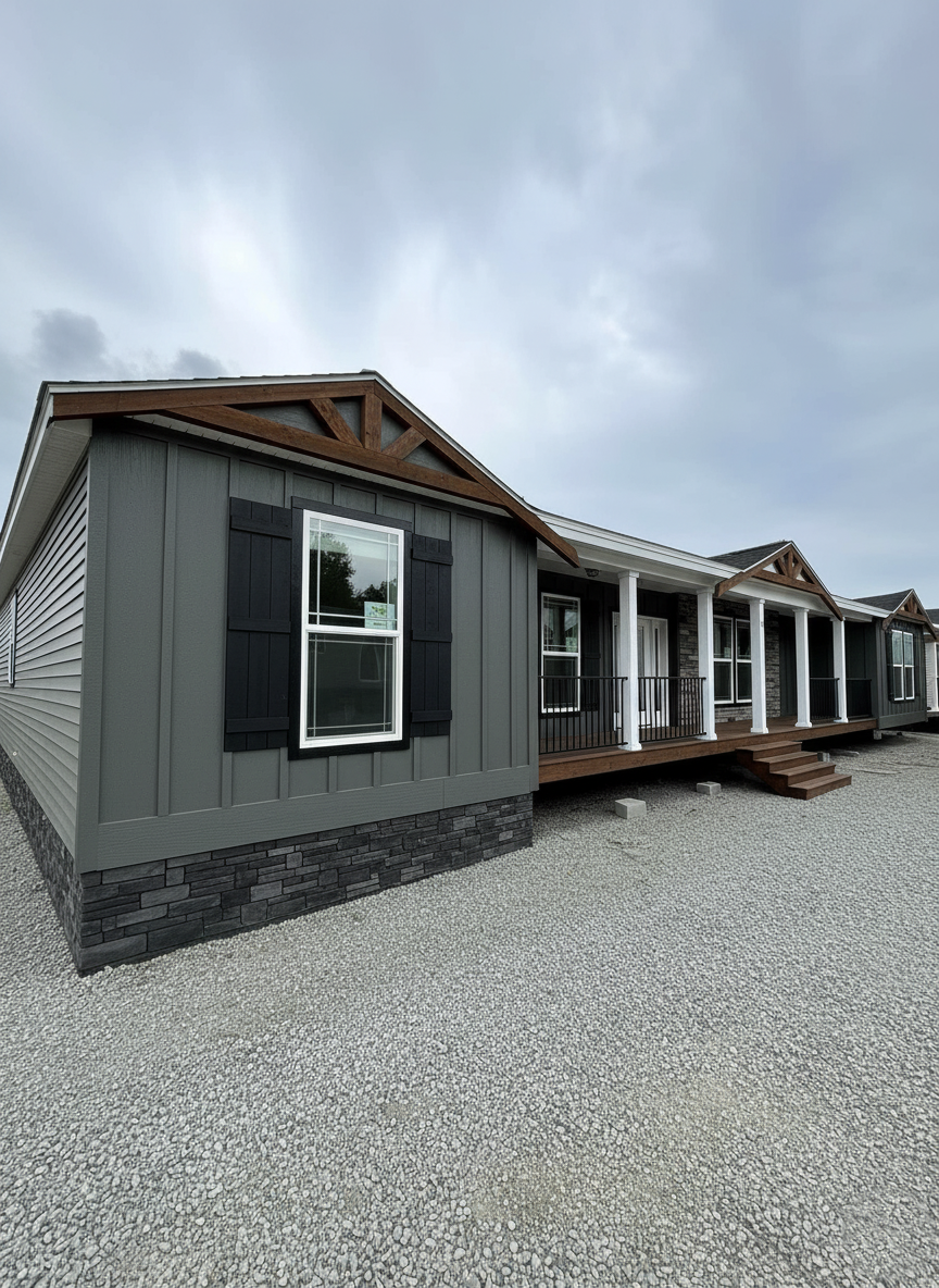 A modern manufactured home with a gray exterior, black shutters, white trim, and a small porch. Overcast sky-gray gravel surrounds the home, conveying a calm atmosphere.