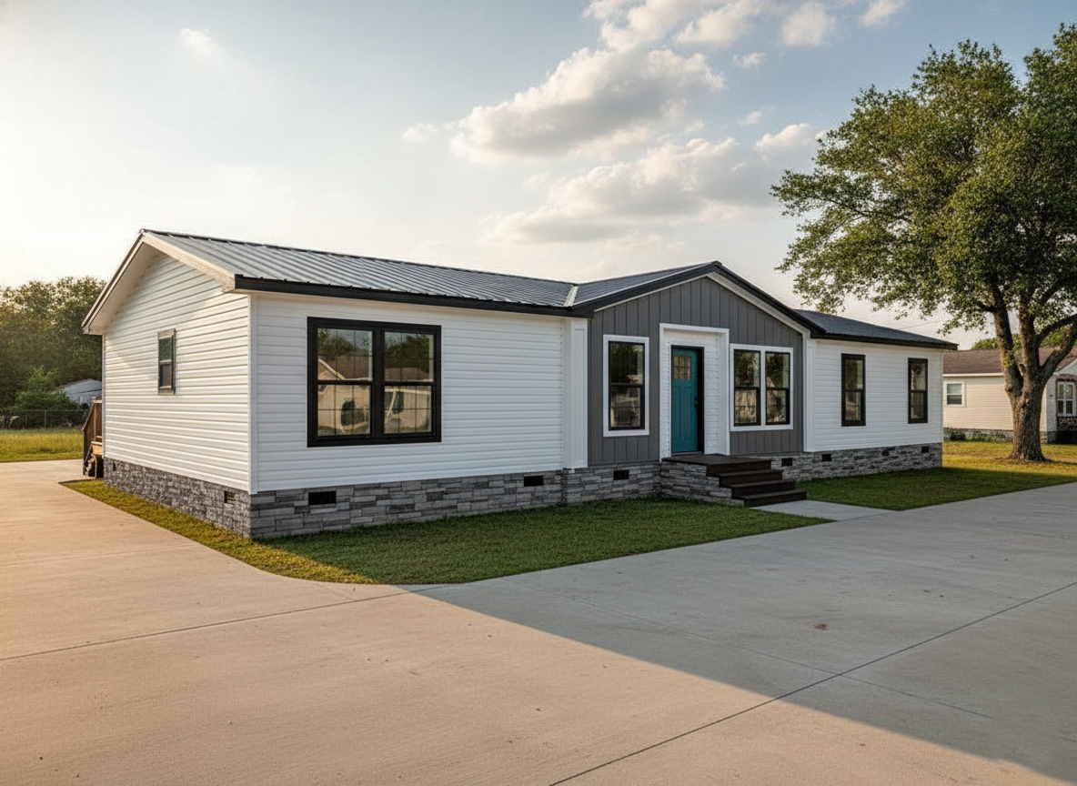Single-story house with modern design features white siding, gray stone accents, and a teal front door. Set against a clear sky with a large tree nearby.