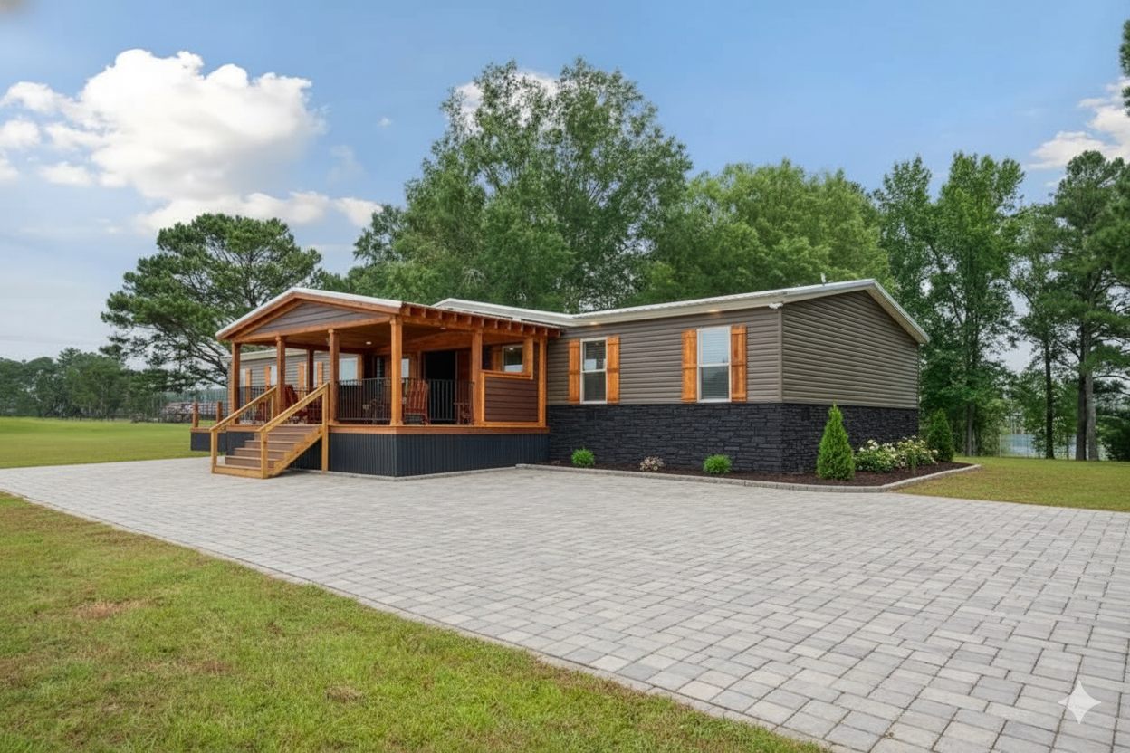 Modern grey mobile home with wooden accents and a covered porch, set on a paved driveway. Surrounded by lush green grass and trees under a blue sky.