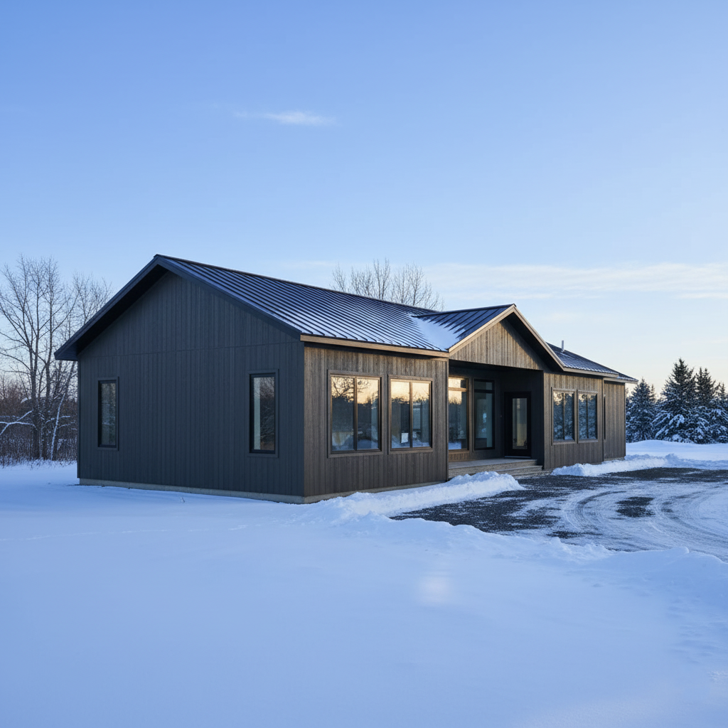 Modern house with dark wood exterior and large windows, set in a snowy landscape under a clear blue sky. The scene feels peaceful and serene.
