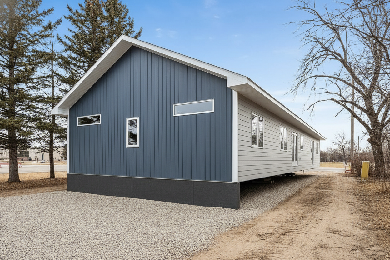 A modern manufactured home with blue and white siding sits on a gravel driveway. Surrounding leafless trees under a bright blue sky evoke a serene atmosphere.