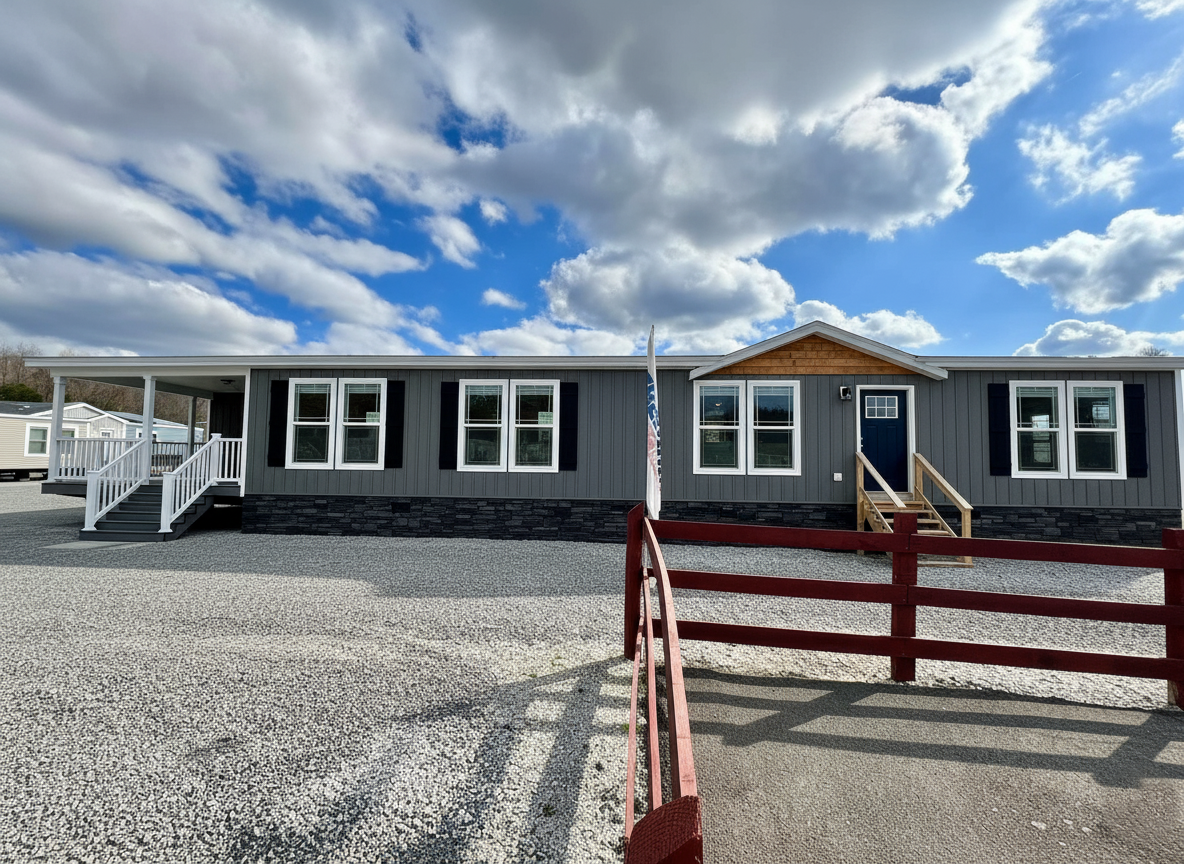 Single-story gray manufactured home with white trim and a dark stone foundation, set against a blue sky with clouds. A red fence and gravel yard surround it.