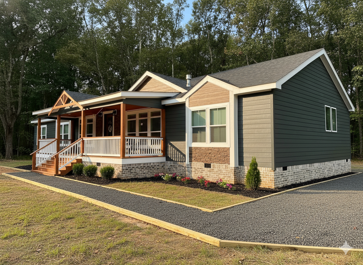 Single-story house with dark wood siding, brick accents, and a gabled porch. Surrounded by trees, it features a manicured garden and gravel driveway. Tranquil setting.