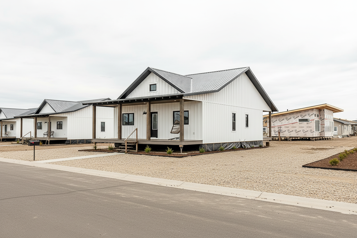 A row of modern white modular homes with gray roofs in a suburban setting. The scene is calm with overcast skies and gravel landscaping.