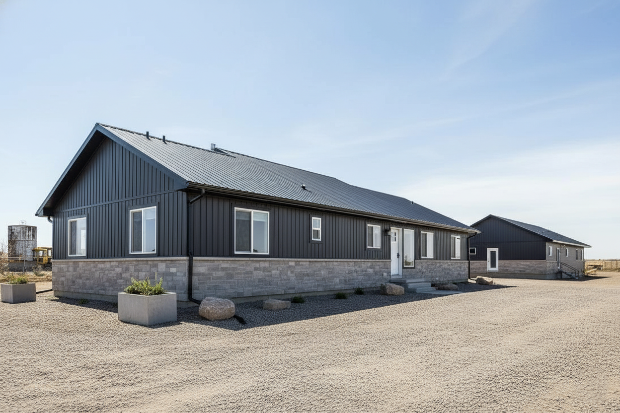 A modern, single-story house with dark siding and a sloped roof. It sits on a gravel lot under a clear sky, conveying a clean, minimalist aesthetic.