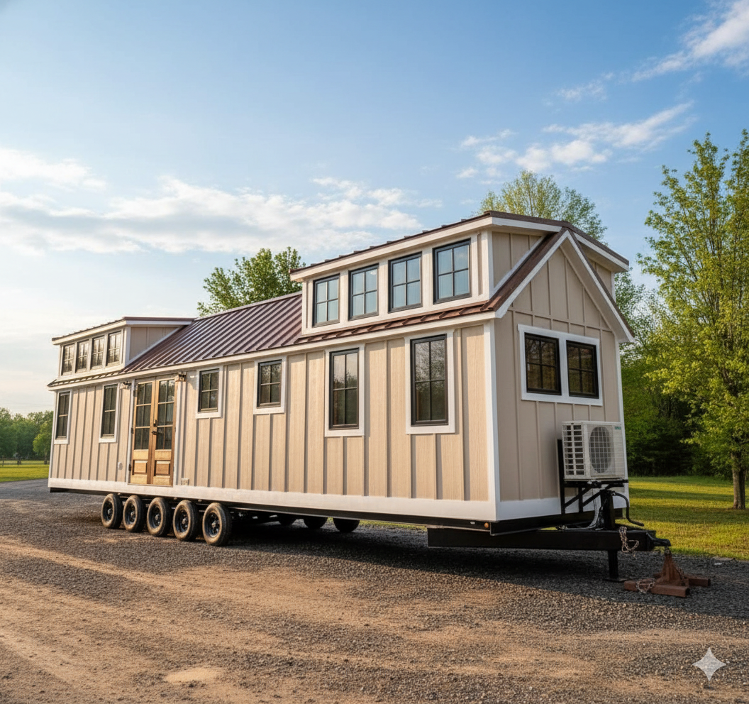 A beige tiny house on wheels sits on a gravel path surrounded by greenery. It features multiple windows and a compact, modern design under a clear sky.