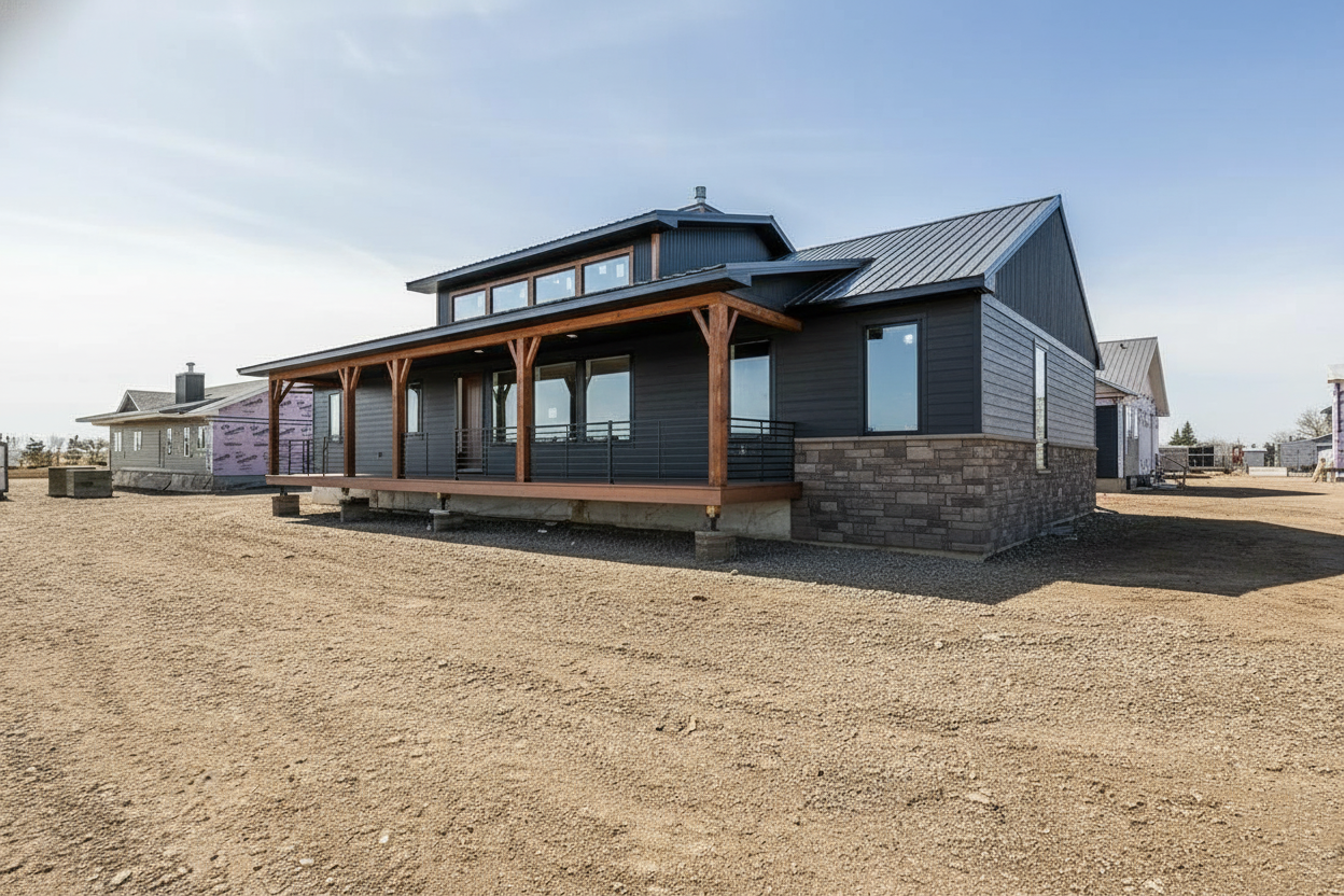 Modern house with dark siding, large windows, and a metal roof, set on a barren, dirt landscape under a clear blue sky. Calm and spacious.
