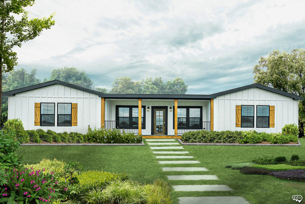 Single-story modern home with white siding and black accents, flanked by wooden shutters. A stone path leads through a manicured lawn to the entrance.