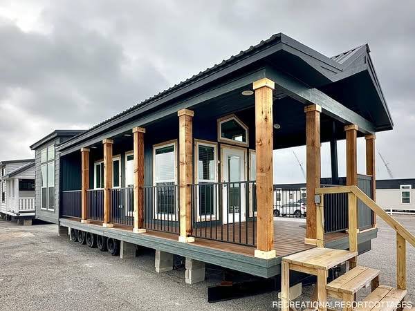A modern tiny house with a dark exterior, wooden columns, and a spacious porch sits under a cloudy sky, conveying a cozy and inviting atmosphere.