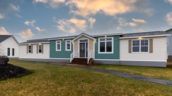 A modern, single-story modular home with a teal and white exterior under a partly cloudy sky. The front has steps leading to a glass door.