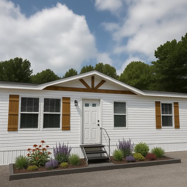 Single-story mobile home with white siding and brown shutters sits under a partly cloudy sky. Neat garden with purple and orange flowers lines the front.
