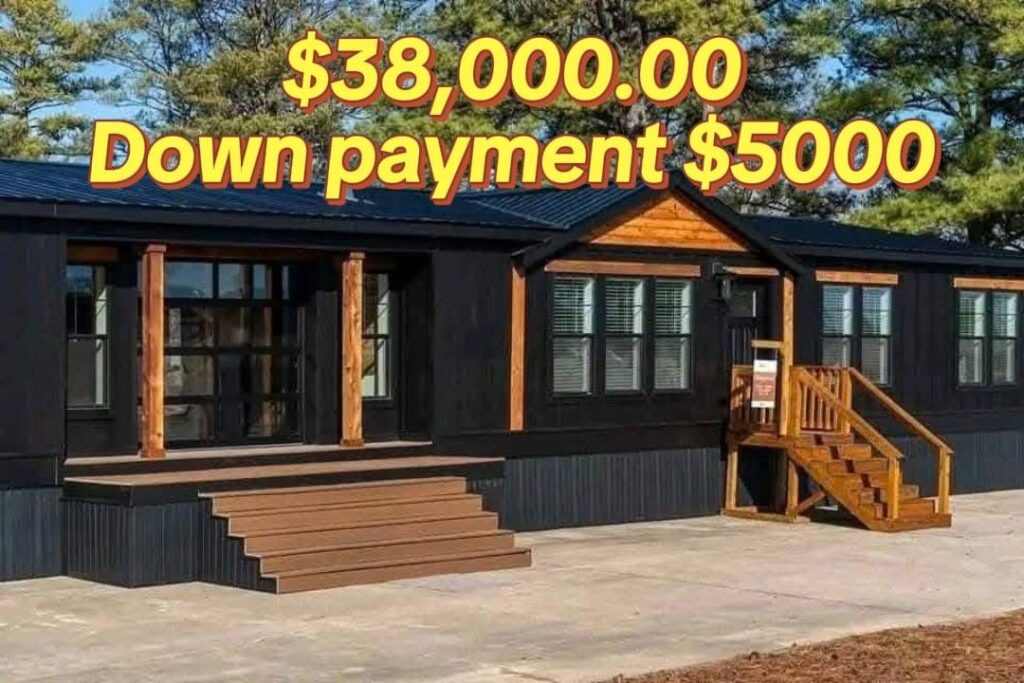 A modern black and wood-accented tiny home with large windows and a porch is shown. Bright text above lists the price: $38,000 with a $5,000 down payment.