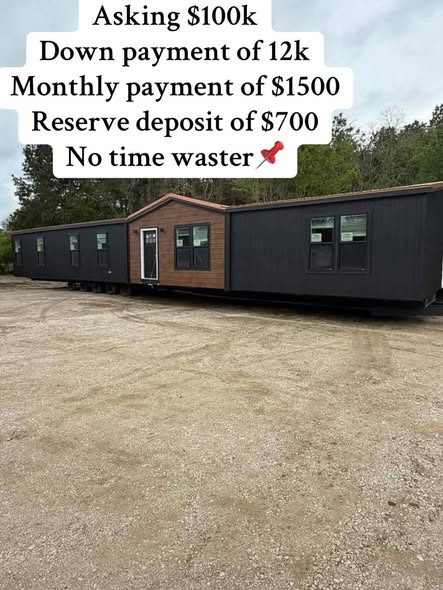 Mobile home for sale with a price of $100k. Details include a $12k down payment, $1500 monthly payments, and a $700 deposit. Located on gravel with trees in the background.
