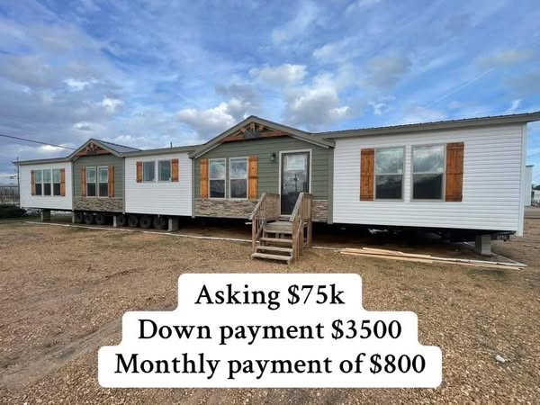 A large mobile home with multiple windows and wooden shutters sits on a gravel lot. Overlaid text details financing: $75K asking, $3,500 down, $800 monthly.