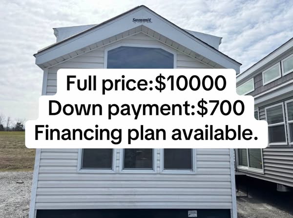 A small white house is under a cloudy sky. Text overlay reads: "Full price: $10,000, Down payment: $700, Financing plan available." The tone is informative.