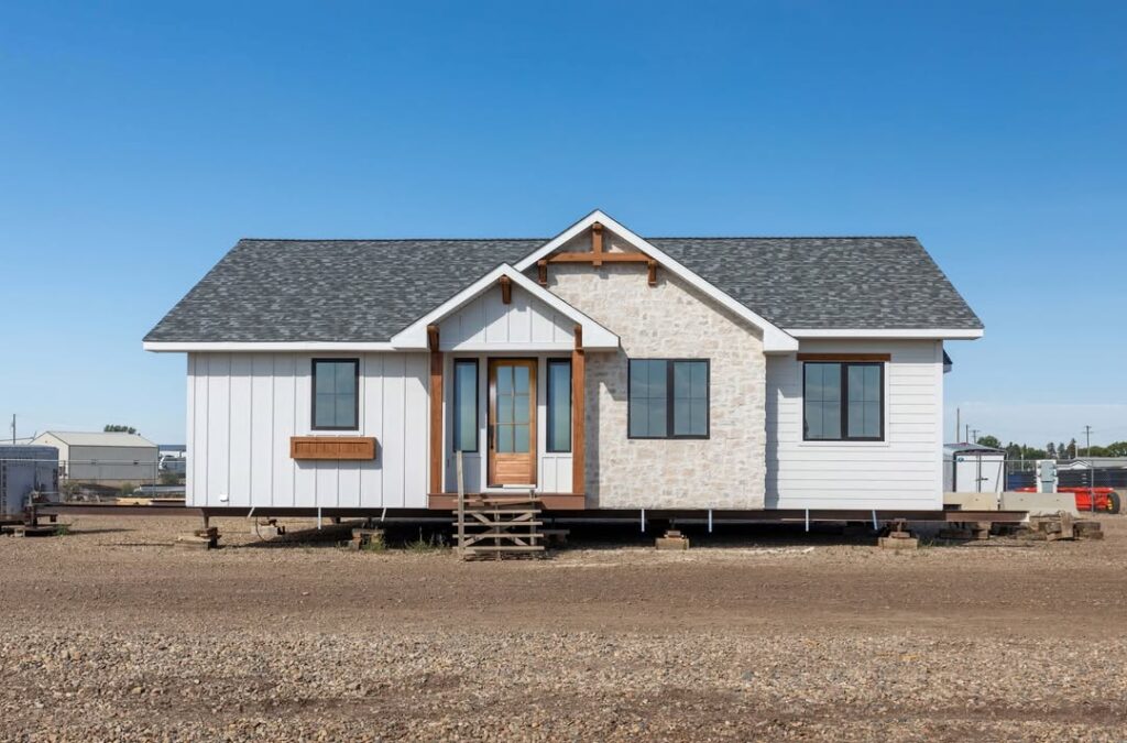 A small, white modern farmhouse with gray roof stands on a gravel lot under a clear blue sky. The facade features wood accents and stone details.