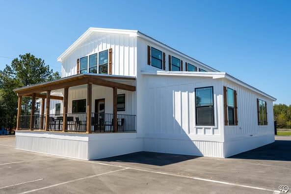 A modern white house with a pitched roof and large windows. A wooden porch with chairs wraps one corner. The setting is sunny and open, conveying a welcoming and spacious feel.
