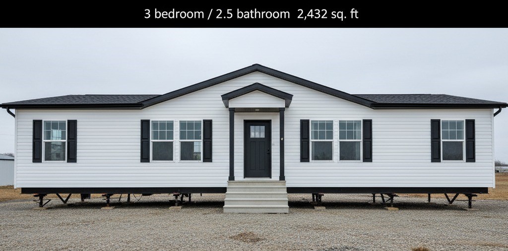 Exterior view of a modern white modular home with black shutters, paired with an interior image showcasing a spacious open-plan kitchen and living area with wooden accents.
