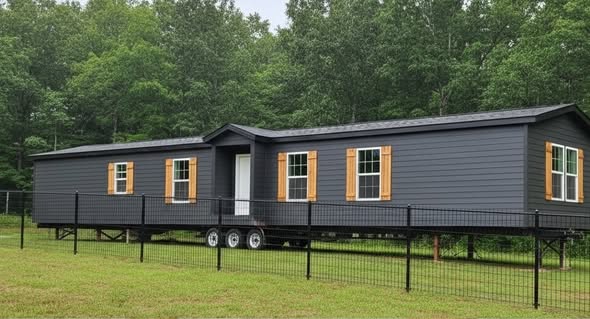 A grey mobile home with a black roof and wooden shutters sits elevated on wheels in a grassy area, surrounded by a black fence and lush green trees.