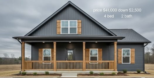 Split image of a dark gray house with wooden accents on top and a modern living room underneath. Text shows price and details: $41,000, 4 bed, 2 bath.