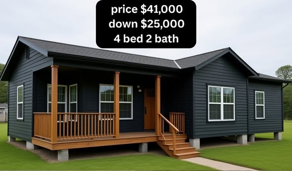 A modern black house with a wooden porch stands on a grassy lawn. Text above lists price as $41,000, down payment $25,000, and describes it as 4 bed 2 bath.