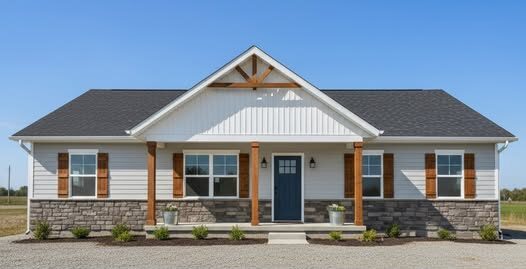 A modern ranch-style house with a white, gray, and wood-accented exterior. Inside, an open-plan kitchen and living room with neutral decor and wood flooring.