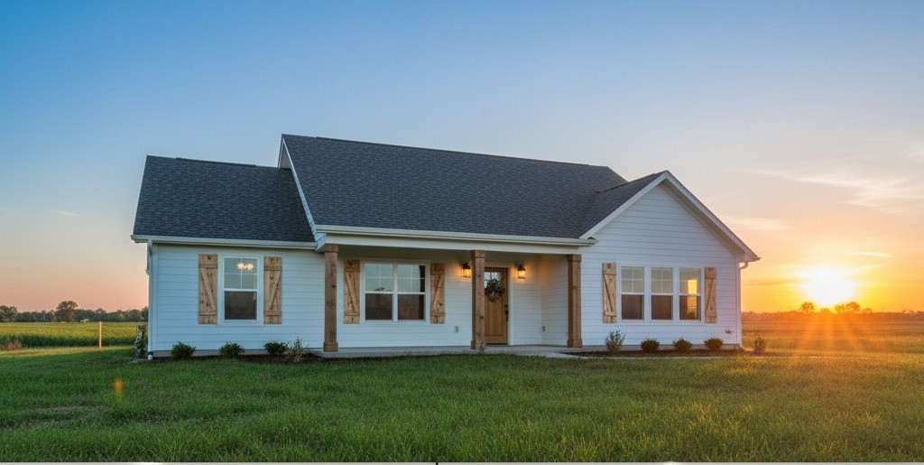 A cozy white house with a dark roof sits on a lush green lawn, framed by a serene sunset. Warm glow from the windows enhances a welcoming atmosphere.