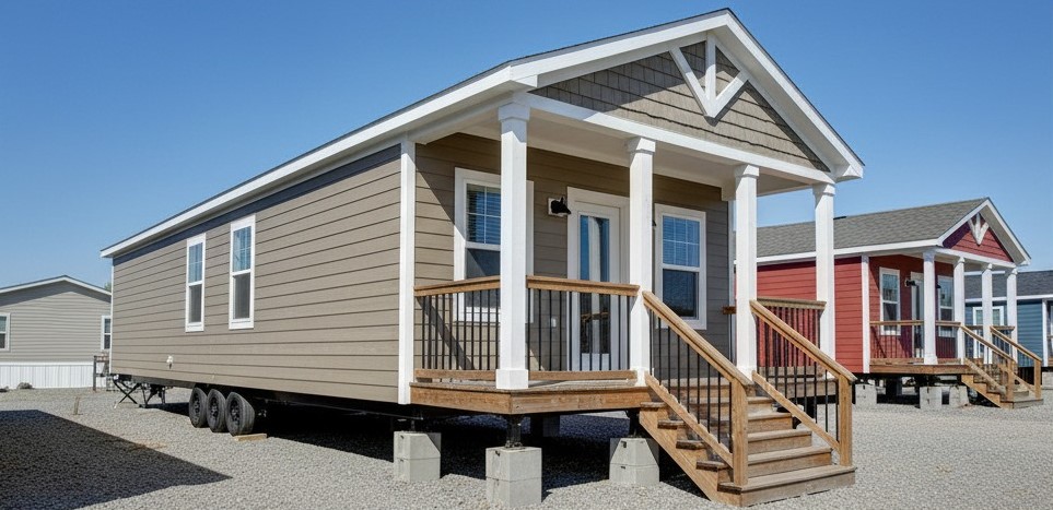 A beige tiny house on wheels with a gabled roof and porch rests on concrete blocks. Other tiny houses are visible, set against a clear blue sky.