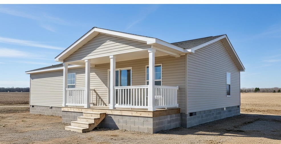 A small beige house with a front porch and white railing, set on a concrete foundation in an open, rural landscape under a clear blue sky.