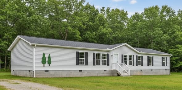 A single-story gray modular home with dark shutters, set against a backdrop of lush green trees. There is a small set of white stairs leading to the entrance.