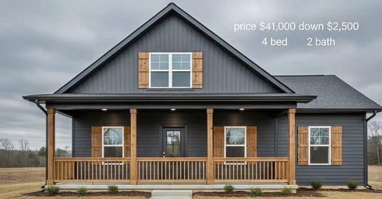 A modern gray house with a wooden porch and shutters under a cloudy sky. Text: "price $41,000 down $2,500, 4 bed 2 bath." Calm rural setting.
