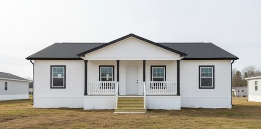 A side-by-side image shows a white, modern house with a porch and an open-concept kitchen. The interior features sleek, black and white cabinetry, a large island, pendant lights, and wood flooring. The overall tone is clean and contemporary.
